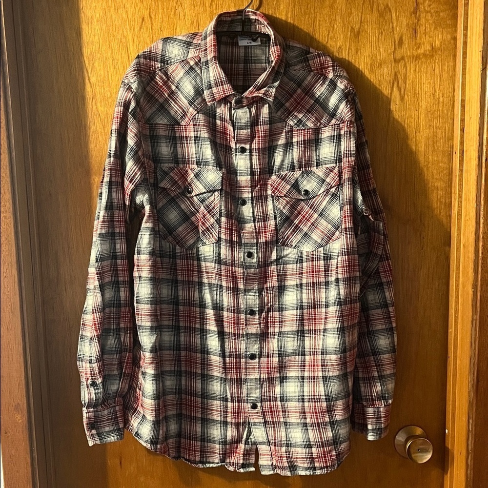 Men's Windriver Casual Plaid Snap Button-Down Shirt Large